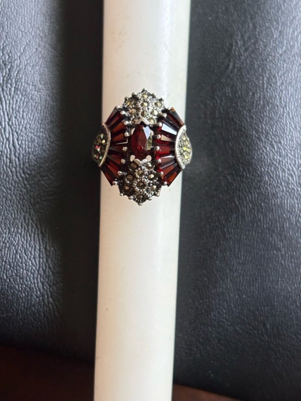 Vintage Sterling Silver Art Deco Garnet Marcasite Ring